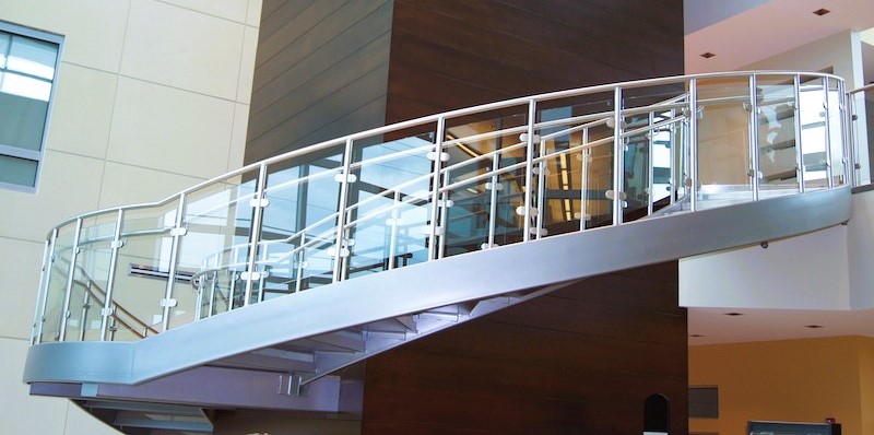 First Financial Credit Union curved stair with stainless steel and glass rail